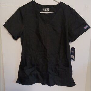 Cherokee NEW With Tags Scrub Top Womens L Black Rib Knit Panels Pockets WW645